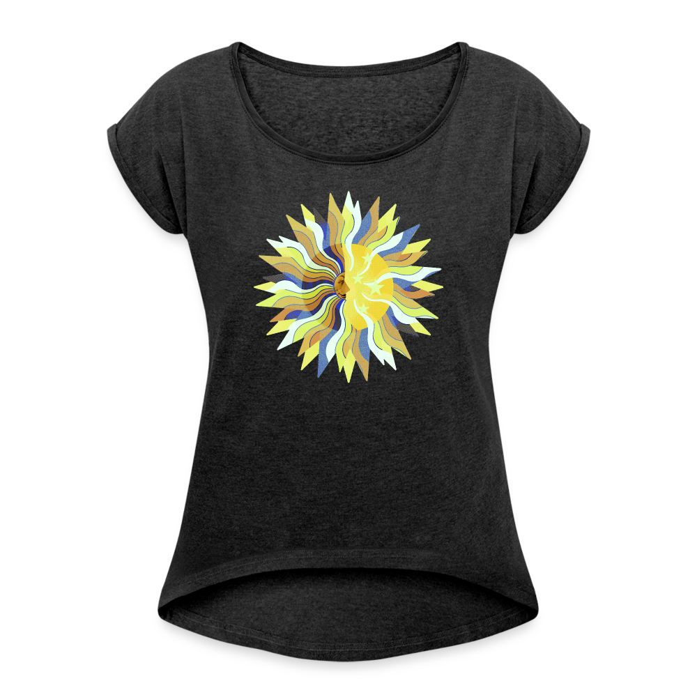 Frauen T-Shirt mit gerollten Ärmeln - "Sonne und Mond" - Schwarz meliert