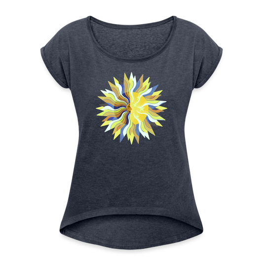 Frauen T-Shirt mit gerollten Ärmeln - "Sonne und Mond" - Navy meliert