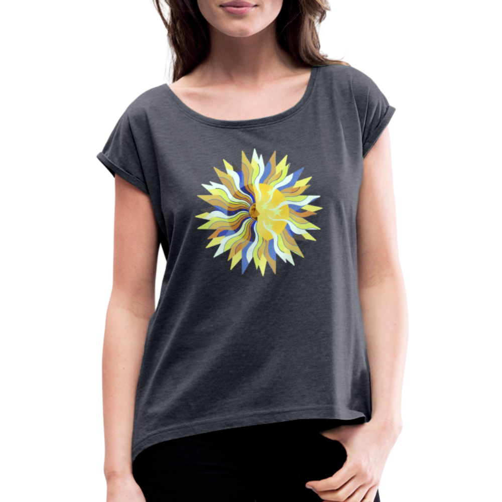 Frauen T-Shirt mit gerollten Ärmeln - "Sonne und Mond" - Navy meliert