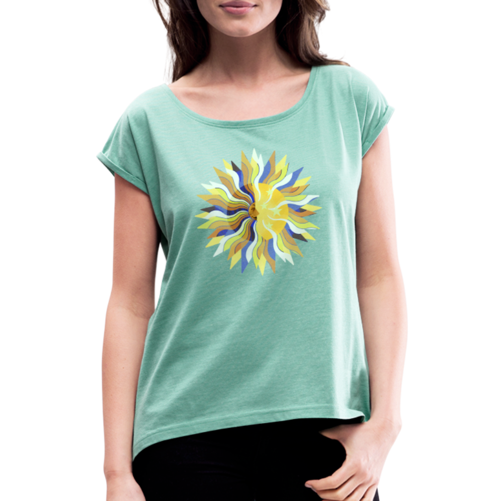 Frauen T-Shirt mit gerollten Ärmeln - "Sonne und Mond" - Minze meliert