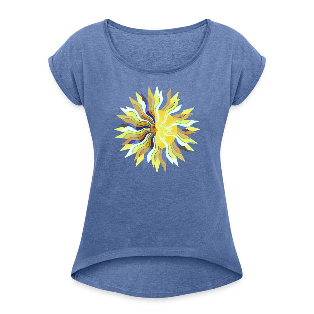 Frauen T-Shirt mit gerollten Ärmeln - "Sonne und Mond" - Denim meliert