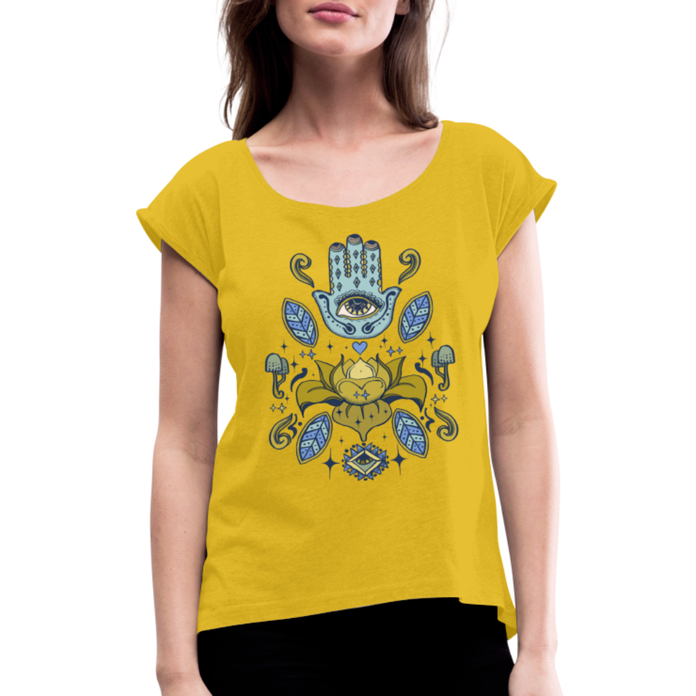 Frauen T-Shirt mit gerollten Ärmeln - "Fatimas Lotos" - Senfgelb