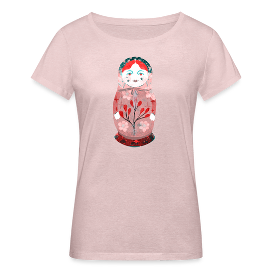 Frauen Bio-T-Shirt - “Retroprint Matroschka in Rot” - Rosa-Creme meliert