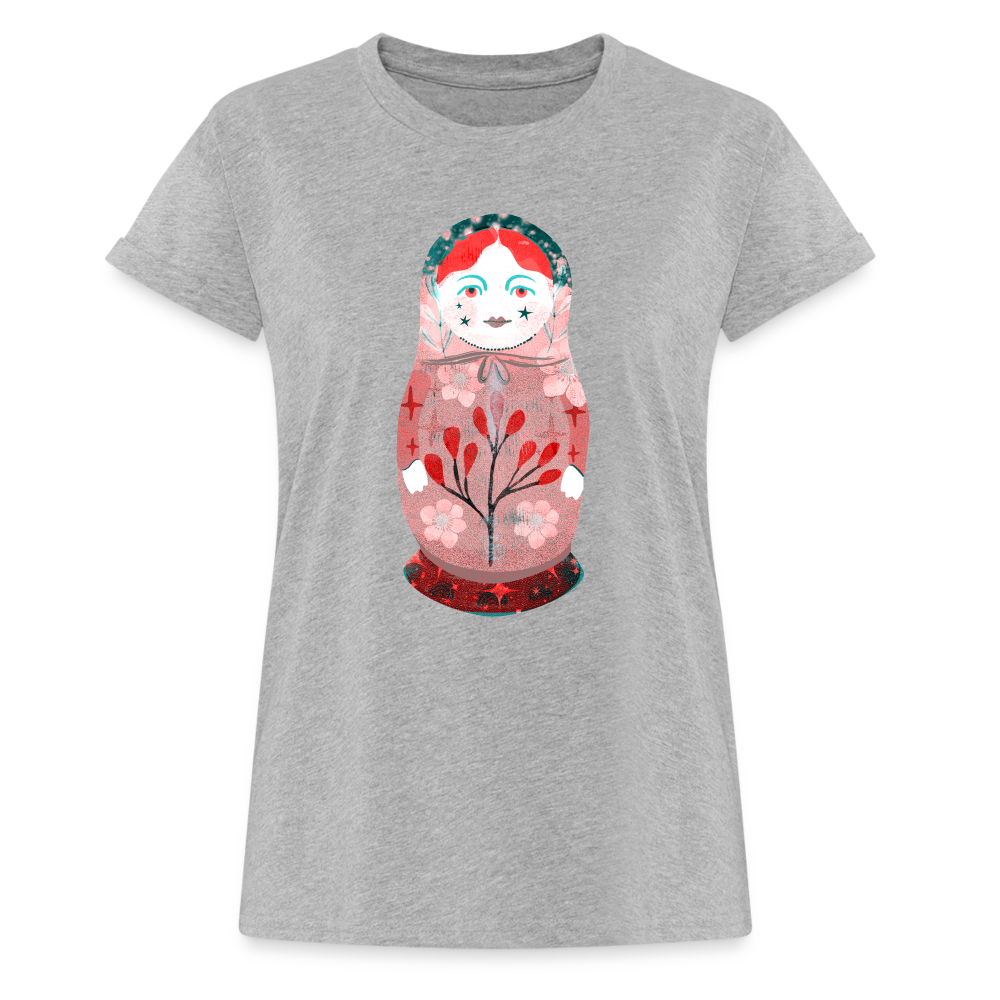 Frauen Oversize T-Shirt - “Retroprint Matroschka in Rot” - Grau meliert