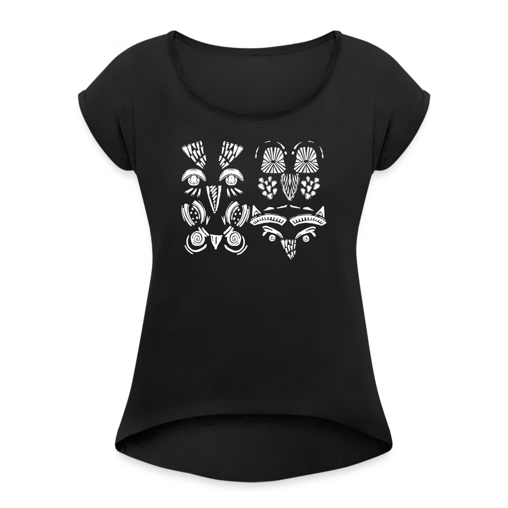 Frauen T-Shirt mit gerollten Ärmeln - “Alle meine Eulen” - Schwarz