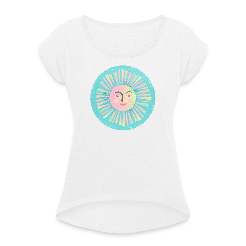 Frauen T-Shirt mit gerollten Ärmeln - “Vintage-Sonne” - weiß