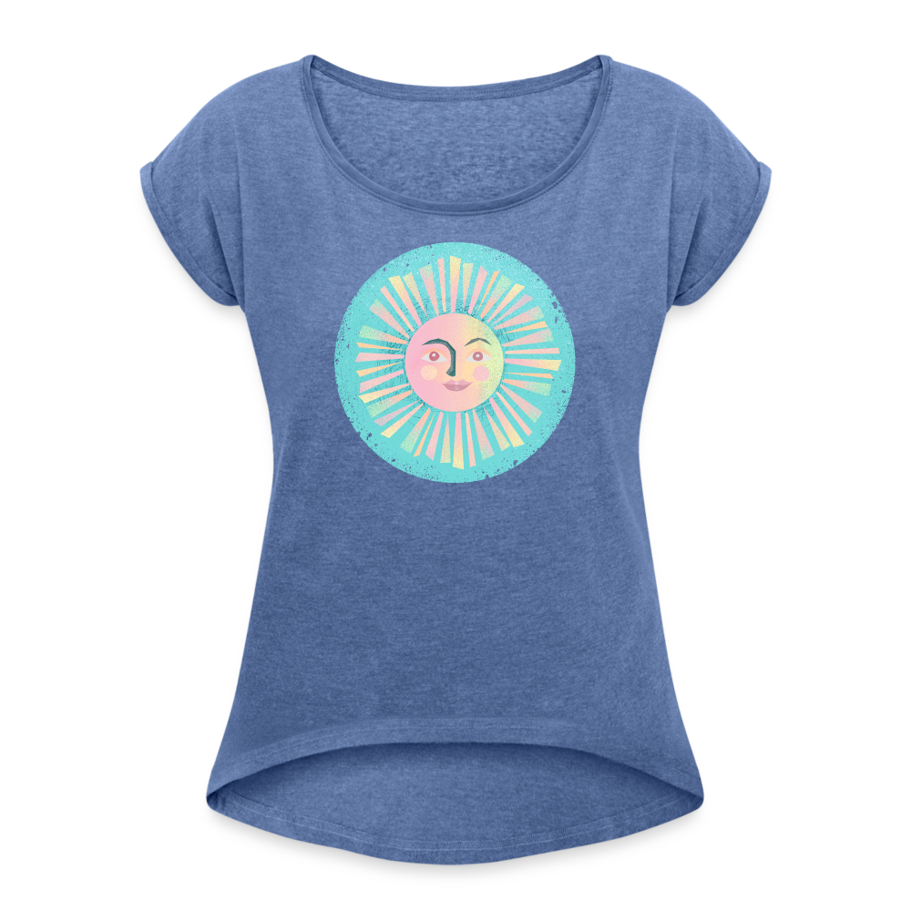 Frauen T-Shirt mit gerollten Ärmeln - “Vintage-Sonne” - Denim meliert