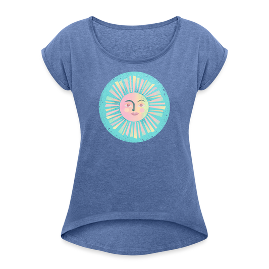 Frauen T-Shirt mit gerollten Ärmeln - “Vintage-Sonne” - Denim meliert