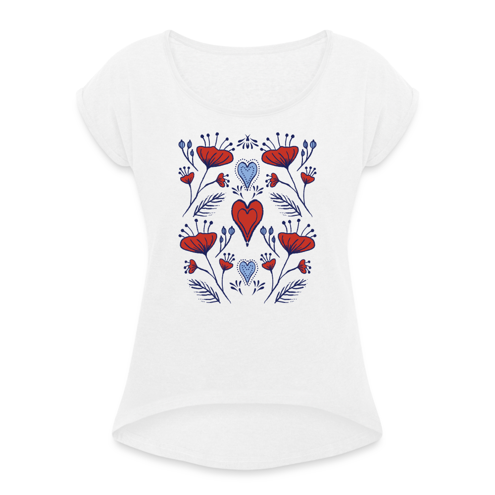 Frauen T-Shirt mit gerollten Ärmeln - "Folklore Mohn" - weiß